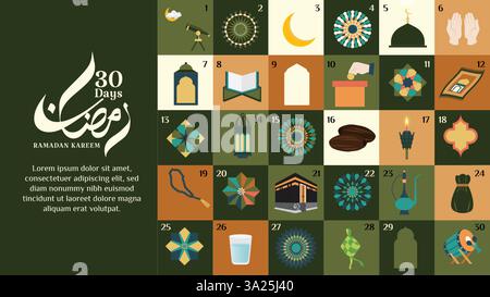 Ramadan 30-Day Banner Countdown Calendar. A Modern Geometric Islamic Design. Features the Arabic calligraphy and religious elements. Stock Vector