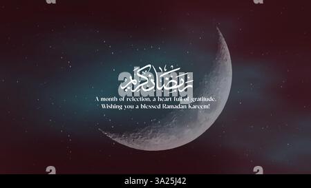 Ramadan Kareem Crescent Moon Banner with Arabic Calligraphy and Starry Night Sky. Perfect for home decor, greeting cards, website, ramadan post Stock Vector