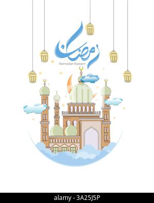 Minimalist Ramadan Kareem mosque illustration with crescent moon and clouds. Vector isolated. Simple and minimal design. Stock Vector