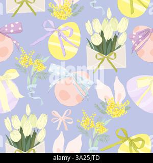 Seamless Pattern with Easter Eggs and Flowers Stock Vector