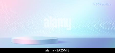 Hologram circular podium on gradient pastel background - 3d pink blue stage platform with dotted pattern, futuristic round display stand, neon colored presentation space, digital showcase pedestal. Stock Vector