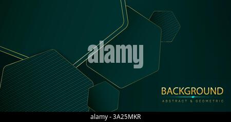 Gold outlined hexagons on deep green background - luxury geometric composition with connected polygonal shapes, thin metallic lines highlighting layered segments. Realistic premium abstract design. Stock Vector