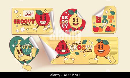 Retro fruit stickers set - happy apple, orange, lemon, banana and watermelon characters in 1950s fashion style. Funny vintage emoticons with quote bubbles. Cute groovy design for kids food packaging. Stock Vector