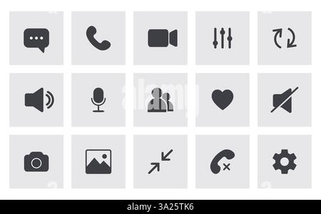 Icon Videocall. UI interface video chat. Set of buttons for online business webinar. Communication symbols. Flat Vector illustration Stock Vector