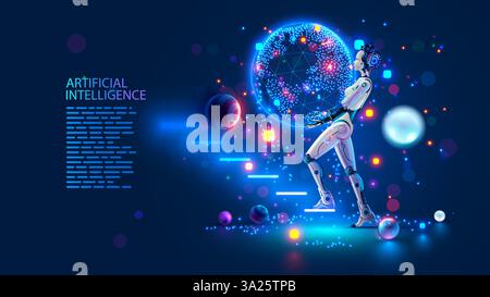 AI. Artificial intelligence learning. Artificial neural networks analysis big data. Artificial intelligence in form of robot lifts Earth by hand on la Stock Vector