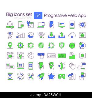 Progressive web app RGB color icons set Stock Vector