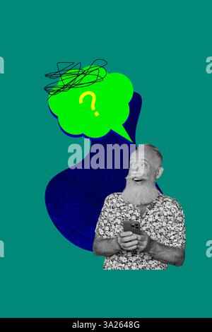 Vertical art trend collage of happy old man hold phone question mark bubble contemplation brainstorm idea finding breaking news Stock Photo