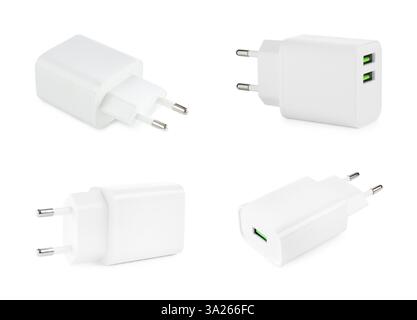 USB power adapters (charger) isolated on white, set Stock Photo