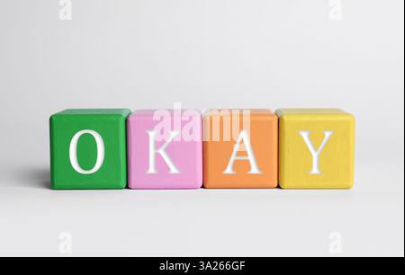 Colorful cubes with word Okay on light grey background Stock Photo
