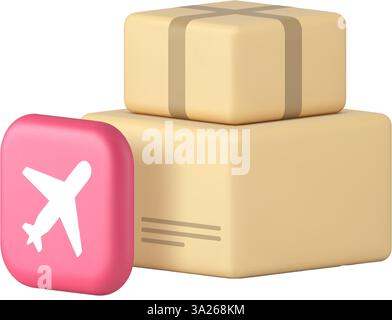 Air logistic mail cargo postal parcel delivery airmail service 3d icon realistic vector illustration. Freight flying plane distribution international Stock Vector
