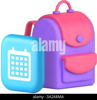 Back to school calendar data reminder with backpack 3d icon realistic vector illustration. Preschool elementary class college university student sched Stock Vector