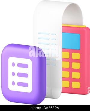 Shopping list planning payment receipt with POS terminal machine 3d icon realistic vector illustration. Shop store goods purchase successful financial Stock Vector