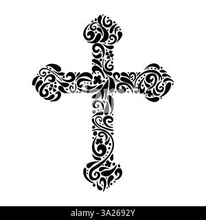 Decorative cross, crucifix with black ornament, handmade drawing. A print for printing Easter cards, posters and stickers. Vector illustration in doodle style. Stock Vector