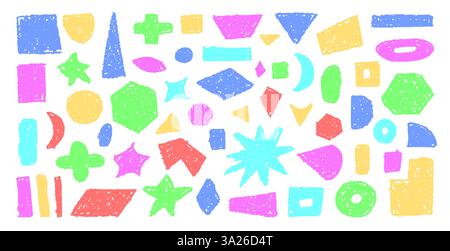Set of abstract geometric basic shapes drawn with colorful pastel or charcoal. Hand drawn paint quote frame collection. Empty vibrant color speech Stock Vector