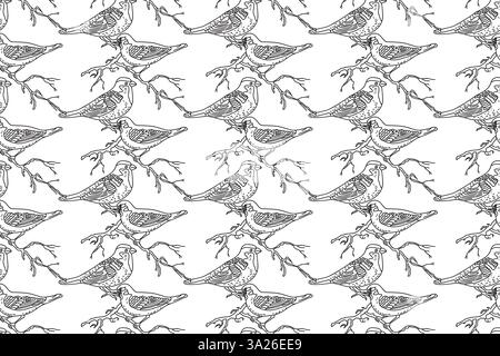 Line art seamless pattern with garden birds vector illustration. Hand drawn outline repeating sparrow birds pattern on white background. Graphic desig Stock Vector