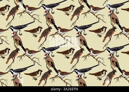 Botanical abstract seamless pattern with garden birds vector illustration. Colorful repeating cartoon pattern birds in beige color background. Graphic Stock Vector