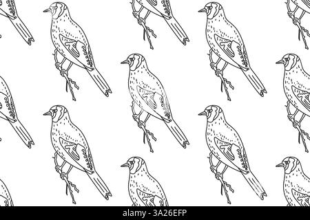 Line art seamless pattern with garden birds vector illustration. Hand drawn outline repeating carduelis birds pattern on white background. Graphic des Stock Vector