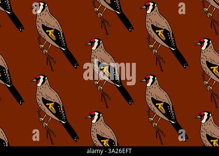 Botanical abstract seamless pattern with garden birds vector illustration. Colorful repeating carduelis birds cartoon pattern in brown color backgroun Stock Vector