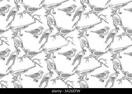 Line art seamless pattern with garden birds vector illustration. Hand drawn outline repeating pattern different birds background. Graphic design for C Stock Vector