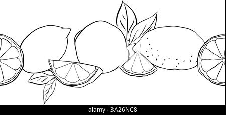 Lemons whole, slices and leaves horizontal seamless border frame ...