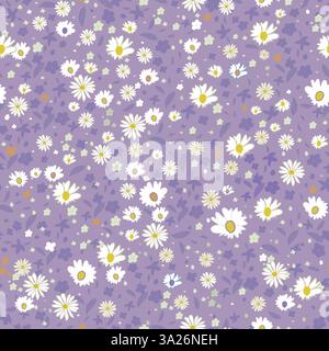 Seamless cute daisies and colorful flowers pattern lilac background Stock Vector