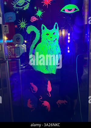 Green cat painted on window of bar in Helsinki, Finland, Stock Photo