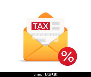 Tax form in open envelope. Tax letter. Tax mail. Vector illustration. Isolated on a white background. Stock Vector