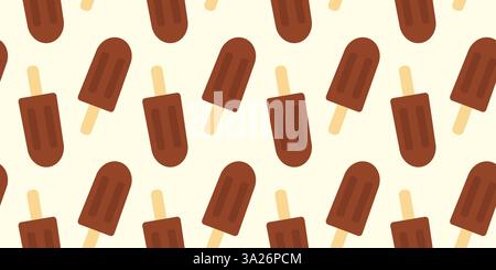Ice cream on wooden stick Chocolate glaze cover Seamless Pattern on soft beige Background Texture. Isolated Vector illustration Wallpaper, wrapping Thematic cards, print materials or web promo banners Stock Vector