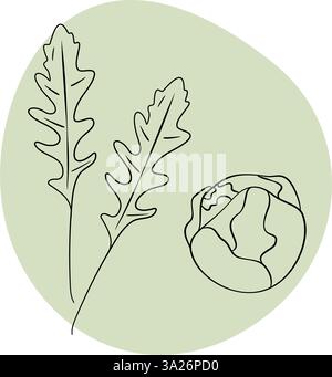 Outline Arugula leaves and Brussels Sprout Head against abstract green spot Healthy food highlight. Isolated Vector illustration Thematic cards Healthy Eating leaflet or web promo banner, social media Stock Vector