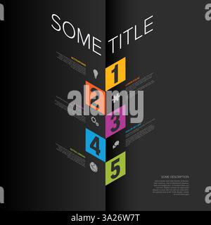 This is a colorful infographic featuring five numbered sections with icons and text. Each section is uniquely colored, showcasing information in a seq Stock Vector