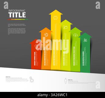 A vibrant infographic featuring multicolored upward arrows representing growth metrics. Each arrow includes icons and text detailing categorized data Stock Vector