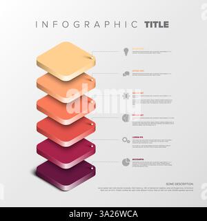 A visually appealing 3D layered infographic with six gradient blocks connected to text descriptions. Clean, modern design perfect for presenting hiera Stock Vector