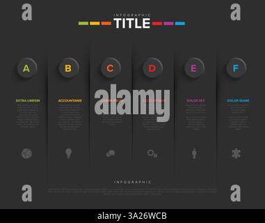 A clean, modern infographic template featuring six vertical sections labeled A to F, each with icons and placeholder text. The dark design highlights Stock Vector