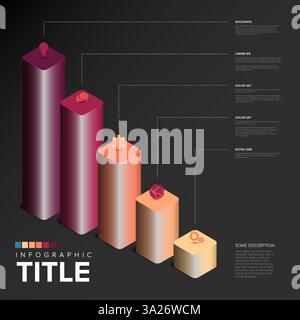 3D business infographic features gradient cubes with text, icons, and lines on dark background. The layout highlights steps with titled sections and v Stock Vector