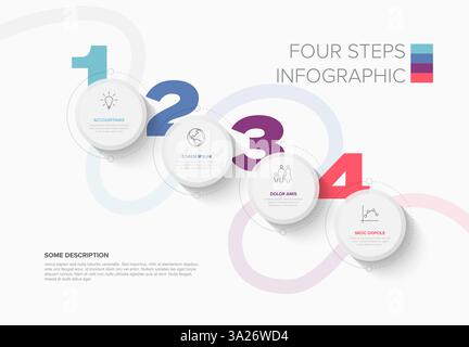 A modern four-step infographic with circular elements and numbered sections. It features clean typography, icons, and a minimalist style ideal for bus Stock Vector