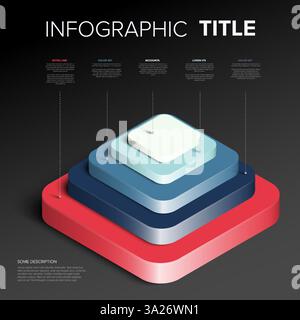 A 3D layered infographic with blue and red overlapping rectangles in a pyramid structure. Hierarchical data diagram using vibrant colors on a gradient Stock Vector