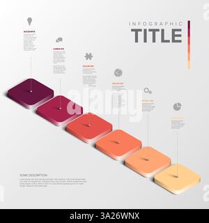 A modern infographic with six colorful gradient blocks in progression and icons. It illustrates step-by-step processes, with text and visuals for data Stock Vector