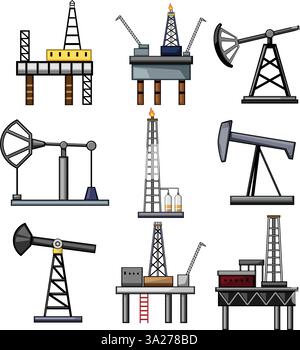oil rig set cartoon vector illustration Stock Vector