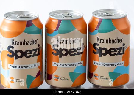 Krombacher Spezi Cans on white background Stock Photo