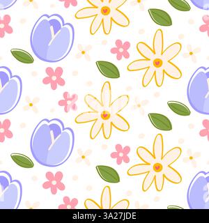 Spring Garden Flowers Seamless Pattern with Tulips and Daisies for Planner Stickers, Fabric, Gift Wrap Stock Vector