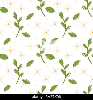 Seamless Floral Pattern with Green Leaves and White Flowers for Fabric, Wrapping Paper, Scrapbooking Stock Vector