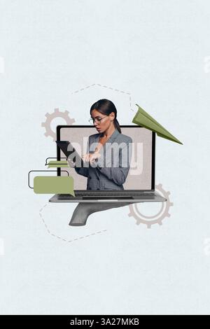 Image creative collage of business boss girl in monitor screen using tablet gadget on blue background Stock Photo