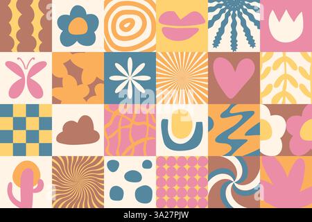 Fun geometric pattern in doodle minimalistic style with simple hand drawn elements, shapes and scribbles. Cute trendy mosaic design Stock Vector