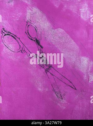 Antique scissors illustration on pink painted abstract background. Stock Photo