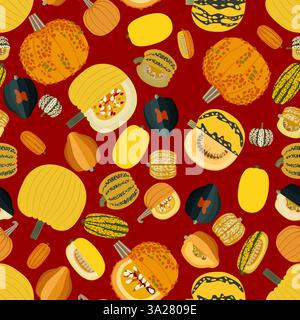 Seamless pattern with different types of winter squash. Cucurbita pepo. Cucurbitaceae. Vegetables. Isolated vector illustration. Flat style. Stock Vector