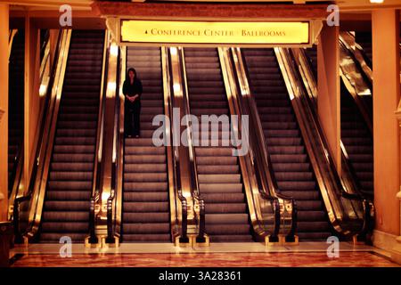 A dimly lit escalator area in a conference center, featuring two escalators leading up and down. A lone figure stands on the lower escalator, with a s Stock Photo
