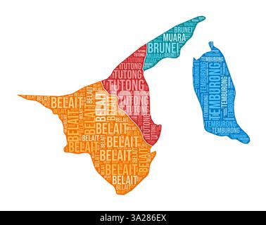 Brunei shape. Country word cloud with region division. Brunei colored illustration. Region names cloud. Vector illustration. Stock Vector