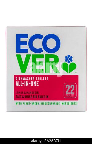 packet of EcoVer dishwasher tablets All-In-One lemon & mandarin salt & rinse aid built in with plant-based biodegradable ingredients isolated on white Stock Photo