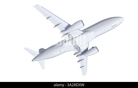 White unmarked airplane flying on transparent background 3d Stock Photo