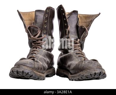 Old dirty leather boots standing on transparent background Stock Photo